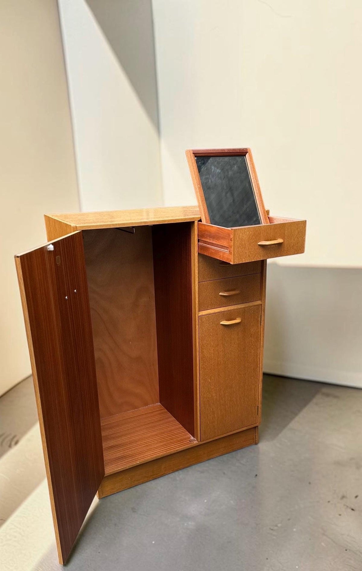 Midcentury G Plan Brandon Wardrobe with Fitted Vanity Mirror — Honey Oak, E. Gomme