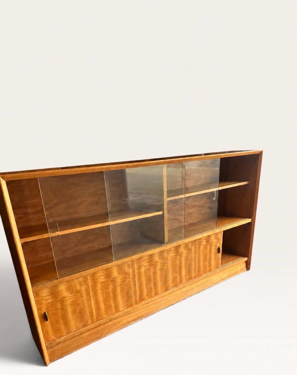 Slim Herbert Gibbs Glazed Bookcase with Sliding Doors, Shallow 24cm Mid-Century Design, 1960s