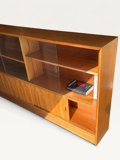 Slim Herbert Gibbs Glazed Bookcase with Sliding Doors, Shallow 24cm Mid-Century Design, 1960s