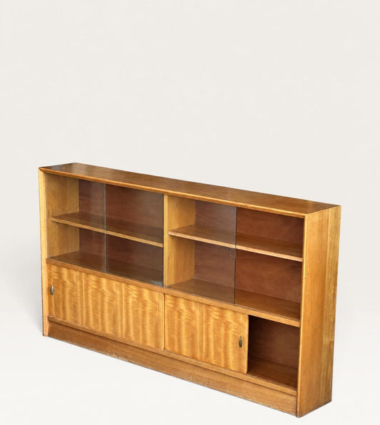 Slim Herbert Gibbs Glazed Bookcase with Sliding Doors, Shallow 24cm Mid-Century Design, 1960s