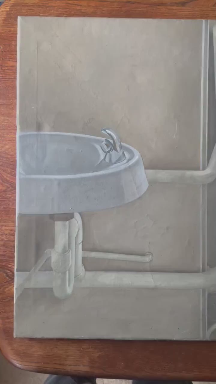 British Kitchen Sink School — Institutional Interior with Sinks, Oil on Canvas, c.1960s
