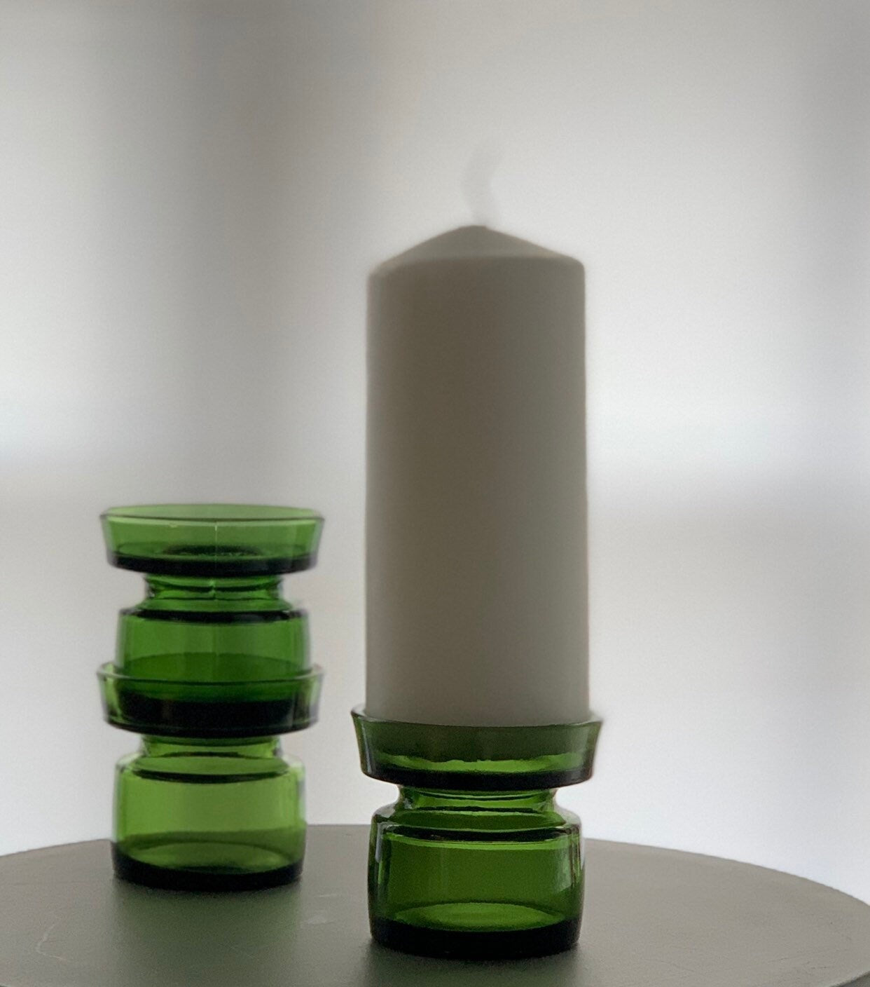 Dansk Design Waxed Filled Candleholder, designed by Jens Harald Quistgaard in the 1960s Green Glass Vintage
