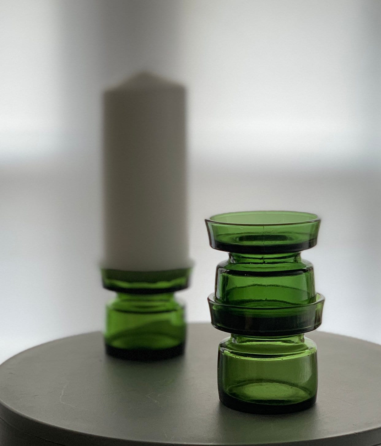 Dansk Design Waxed Filled Candleholder, designed by Jens Harald Quistgaard in the 1960s Green Glass Vintage