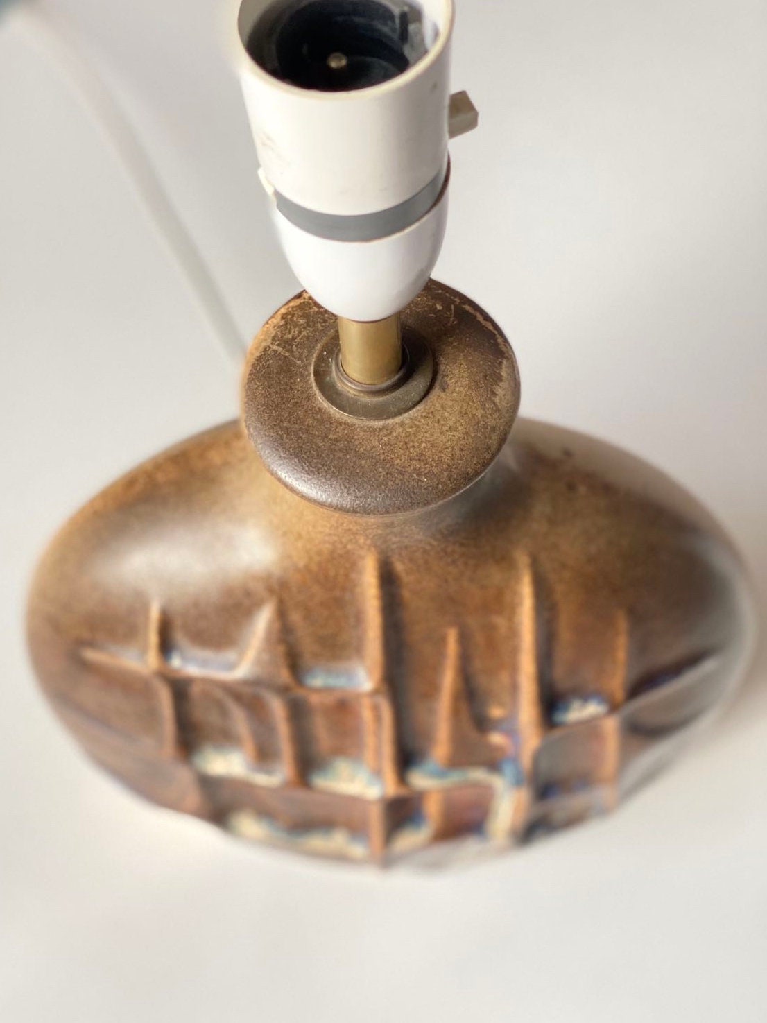 Midcentury Ceramic lamp fat lave ceramic base geometric decor relief