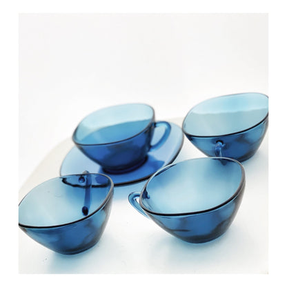 6 Vintage Midcentury Blue Glass Coffee Cups and Saucers by French brand Vereco