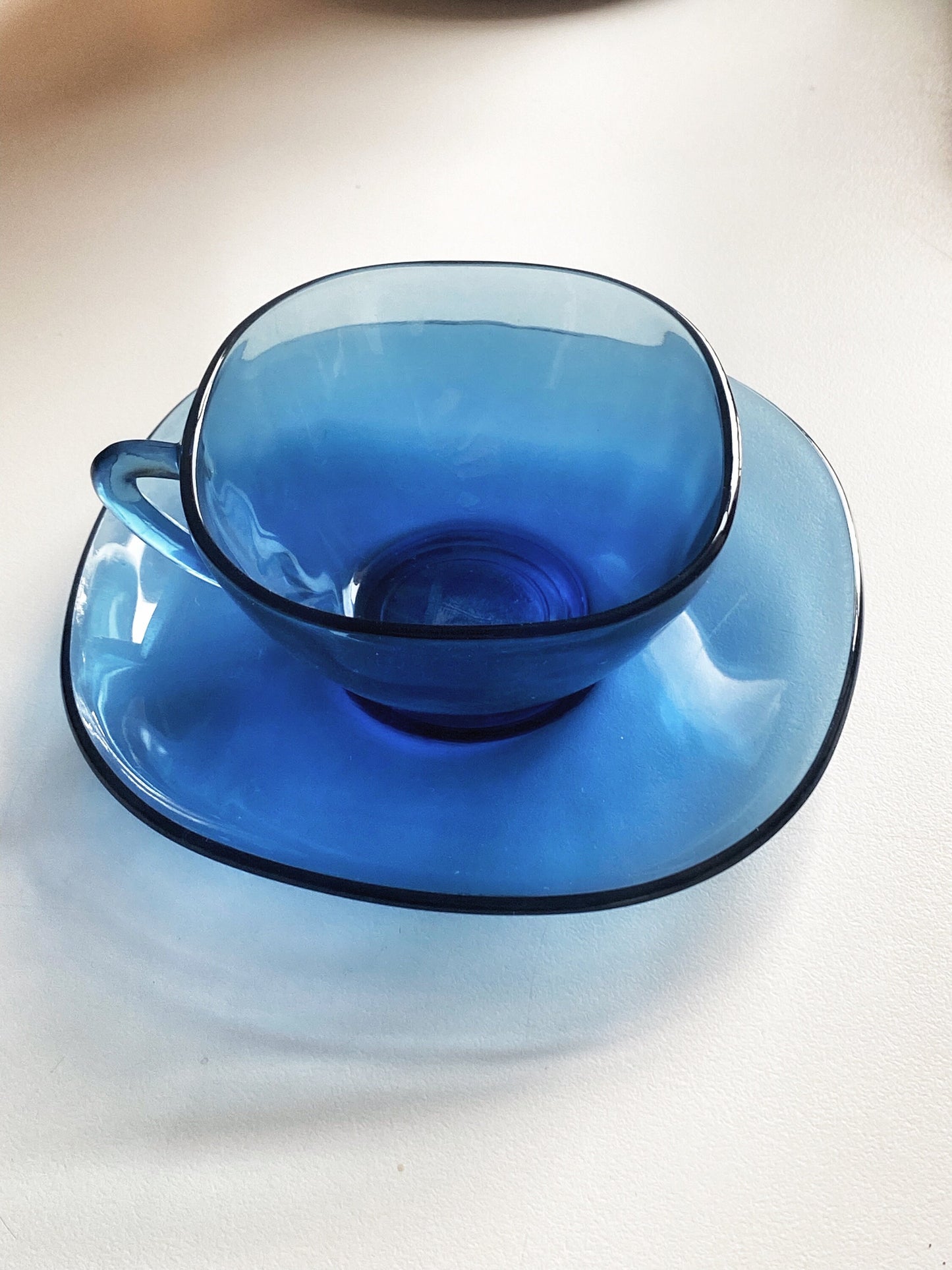 6 Vintage Midcentury Blue Glass Coffee Cups and Saucers by French brand Vereco