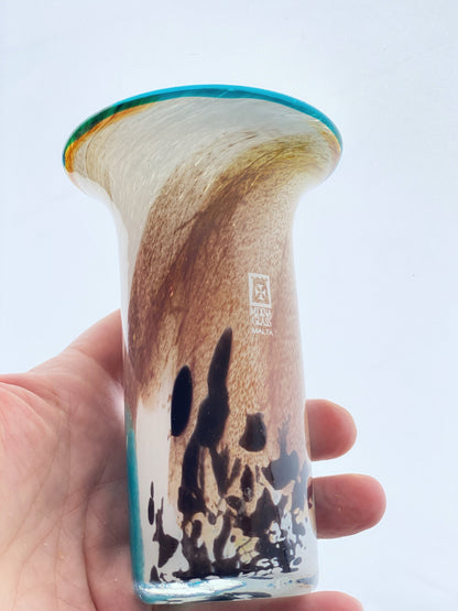 Mdina Glass Vase With Blue,White & Brown Splashes ‘Seascspe’ Design By Michael Harris C1970 Signed and dated 08. No81
