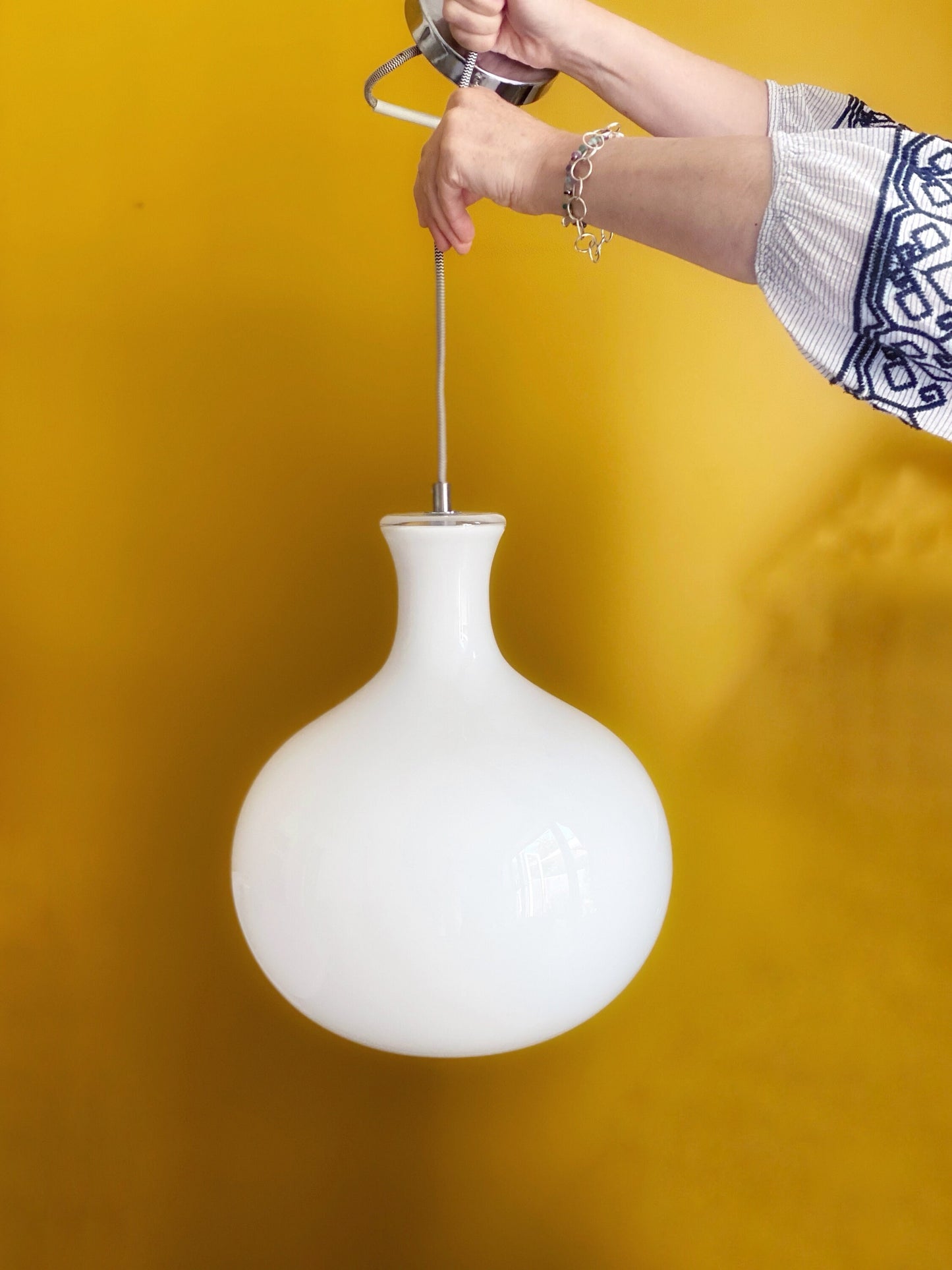 Large Hand Blown Milky White Glass Pendant Light - Peill and Putzler Style