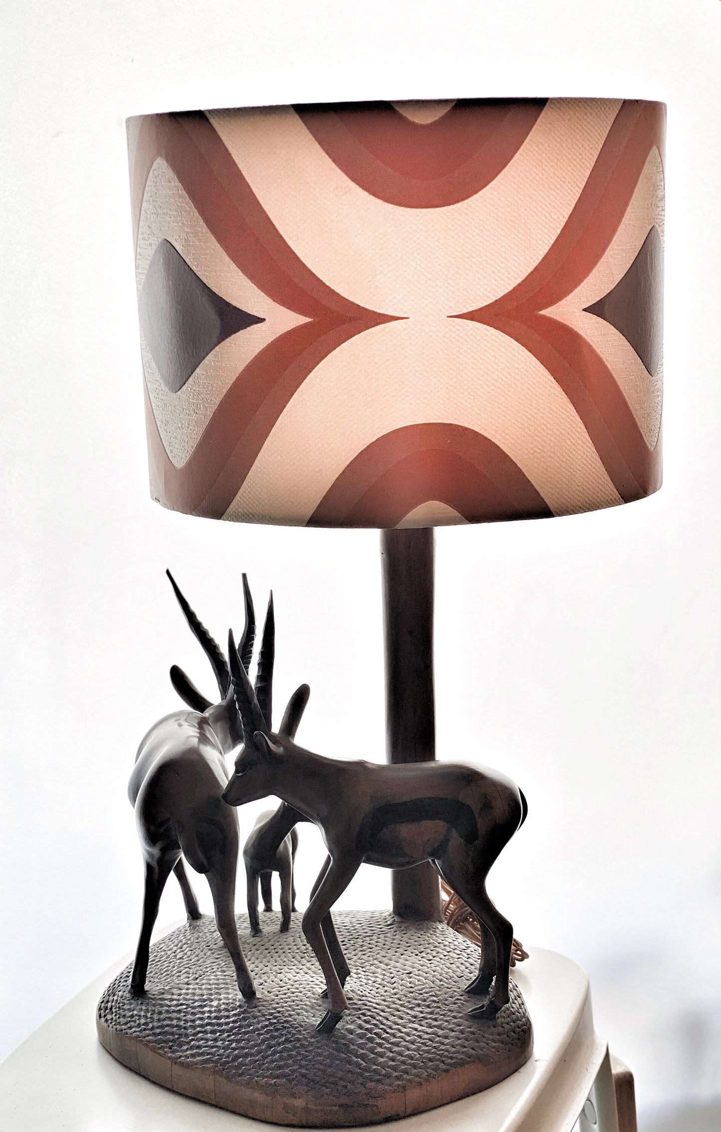 African Hand Carved Ebony Wood Sculpture Table Lamp with Antelope Figures