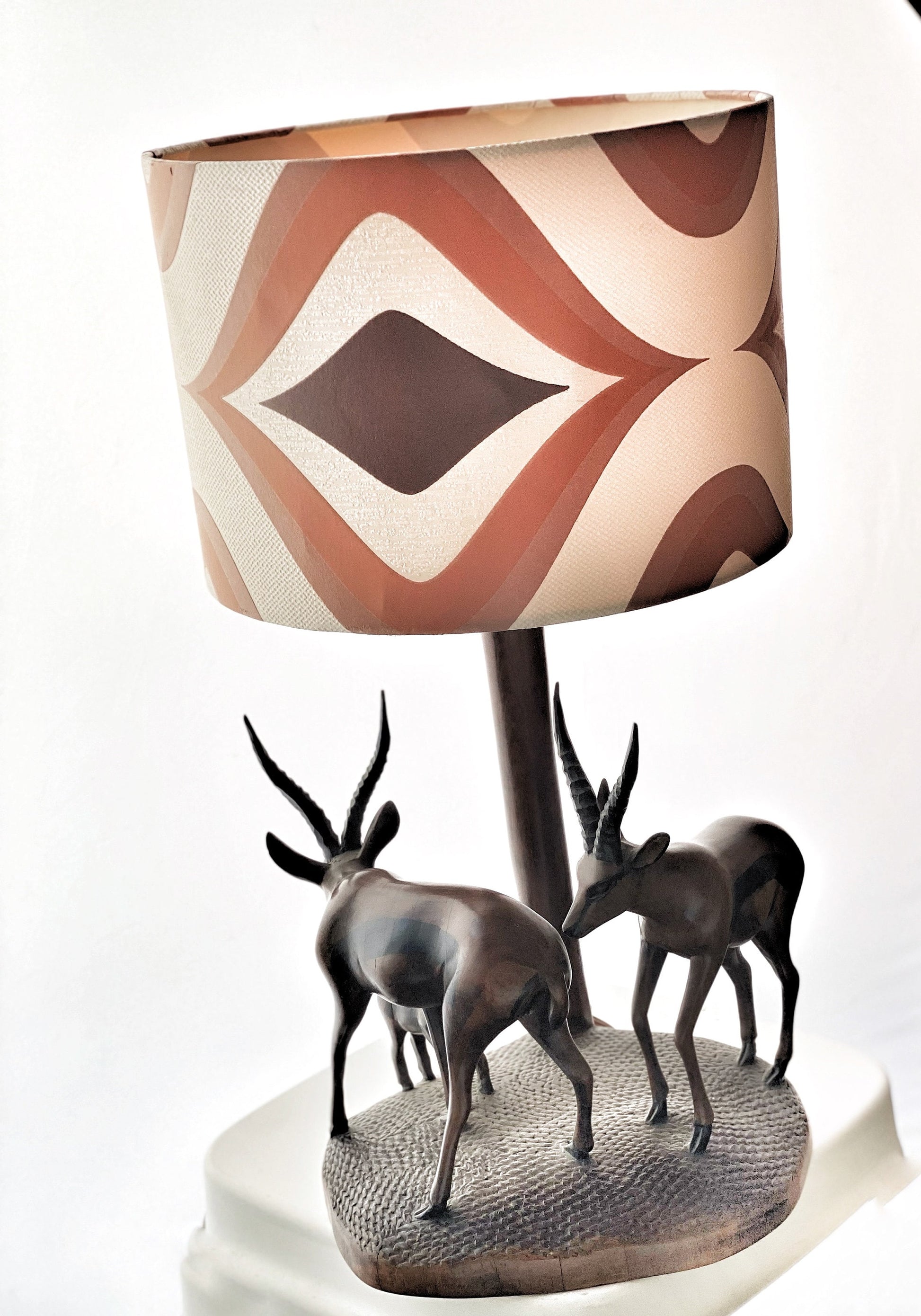African Hand Carved Ebony Wood Sculpture Table Lamp with Antelope Figures