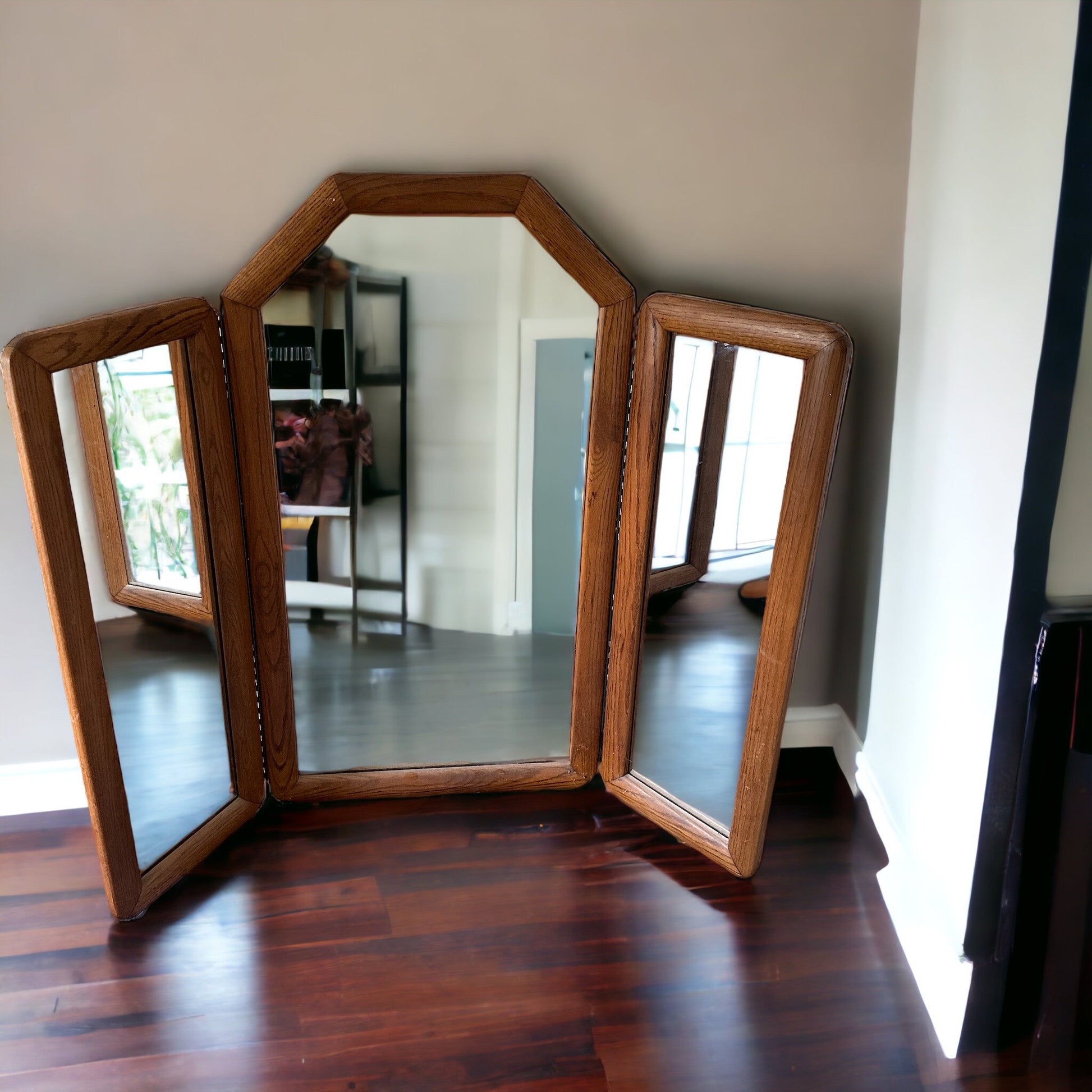 1970s Tri Fold Oak Surround Mirror Floor Standing of for Wall