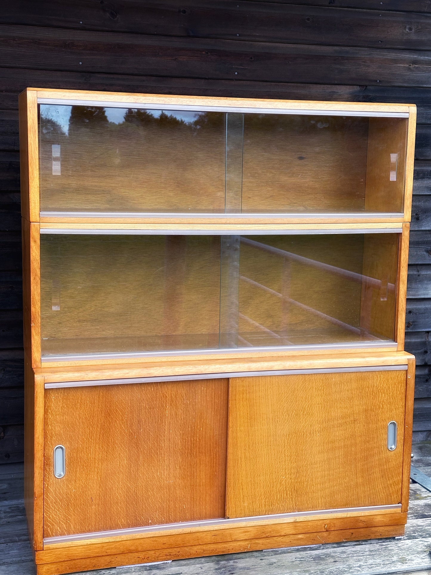 Vintage 1960's Library Bookcase / Drinks / Cocktail / Display Cabinet SIMPLEX 3 Sectional in Blonde Oak