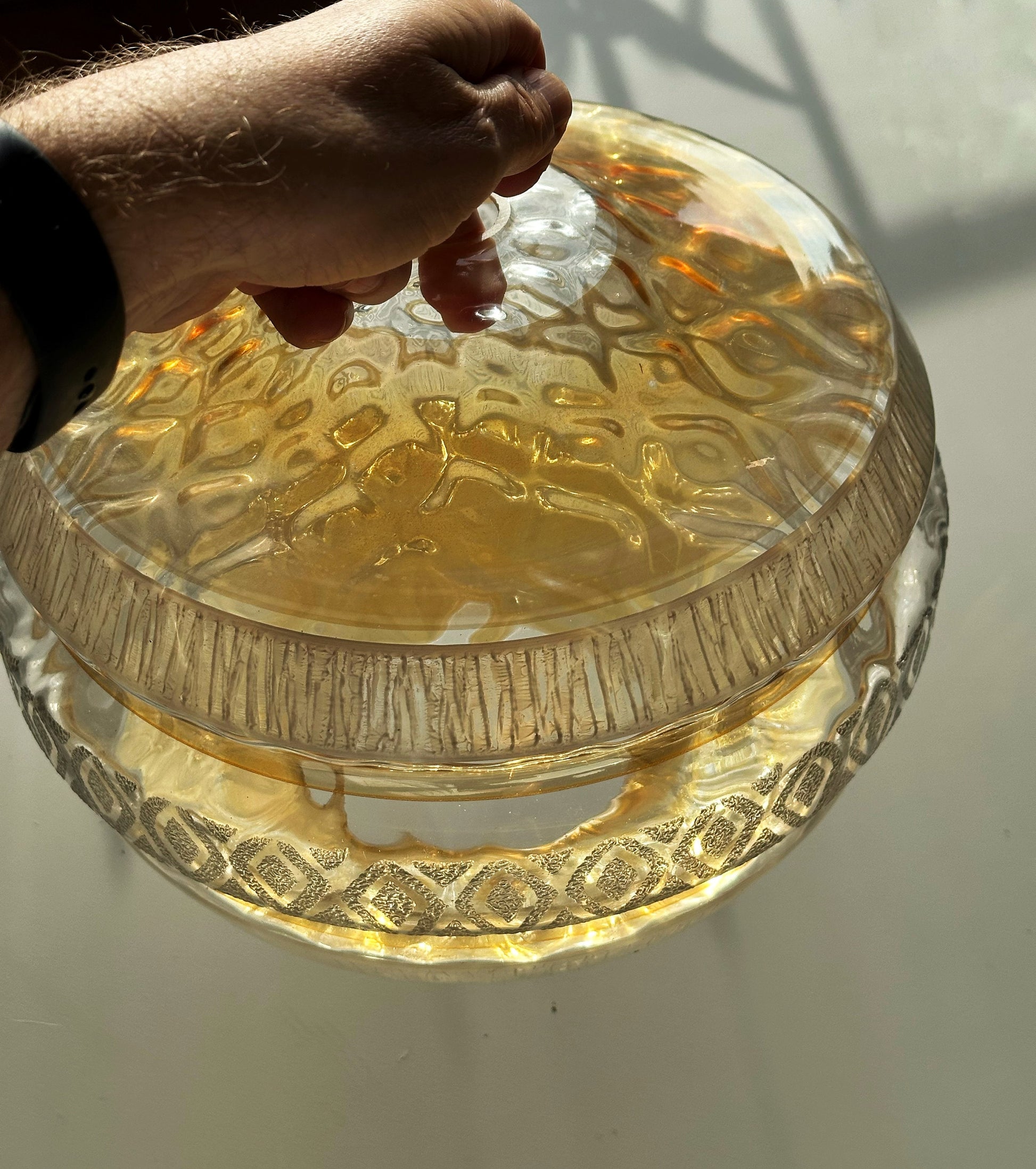 Large 1970s Handmade Glass Lampshade Gold Amber White