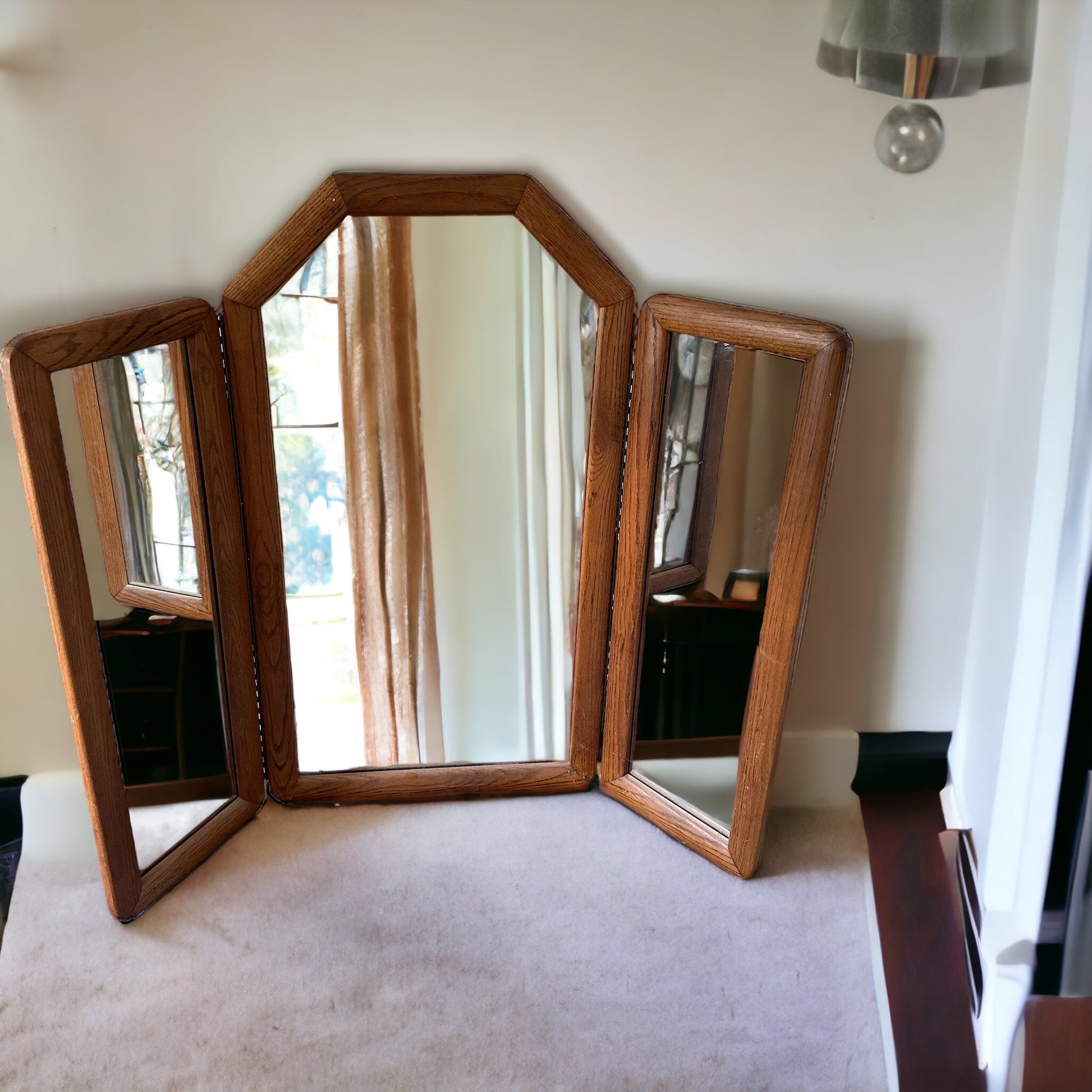 1970s Tri Fold Oak Surround Mirror Floor Standing of for Wall