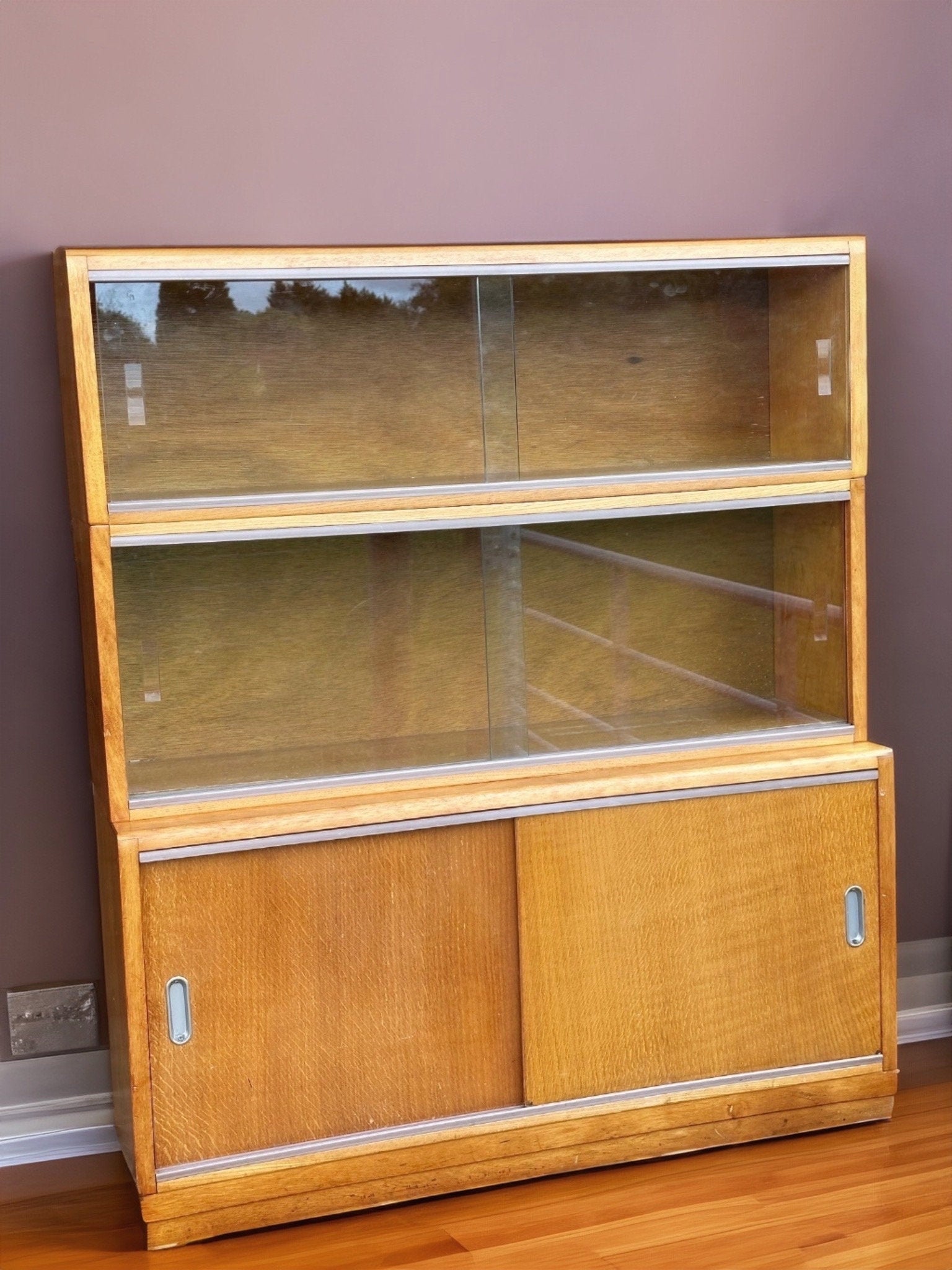 Vintage 1960's Library Bookcase / Drinks / Cocktail / Display Cabinet SIMPLEX 3 Sectional in Blonde Oak