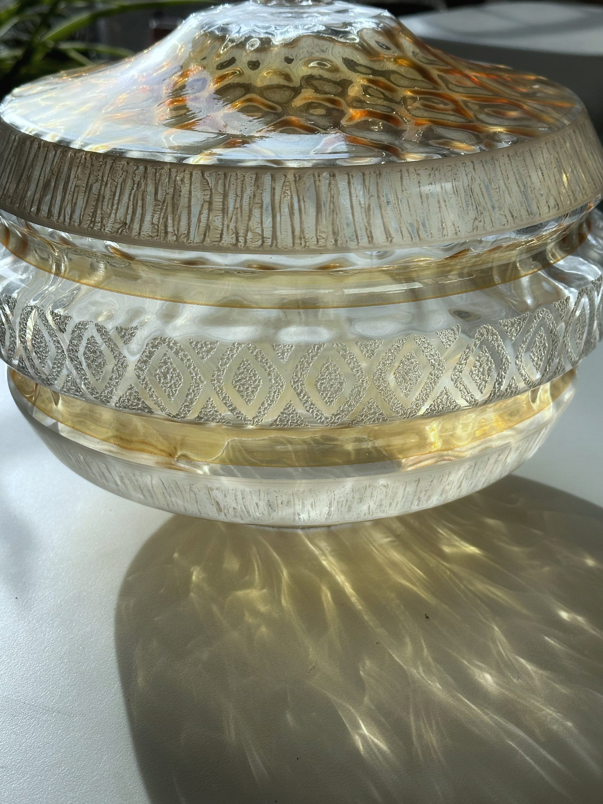 Large 1970s Handmade Glass Lampshade Gold Amber White