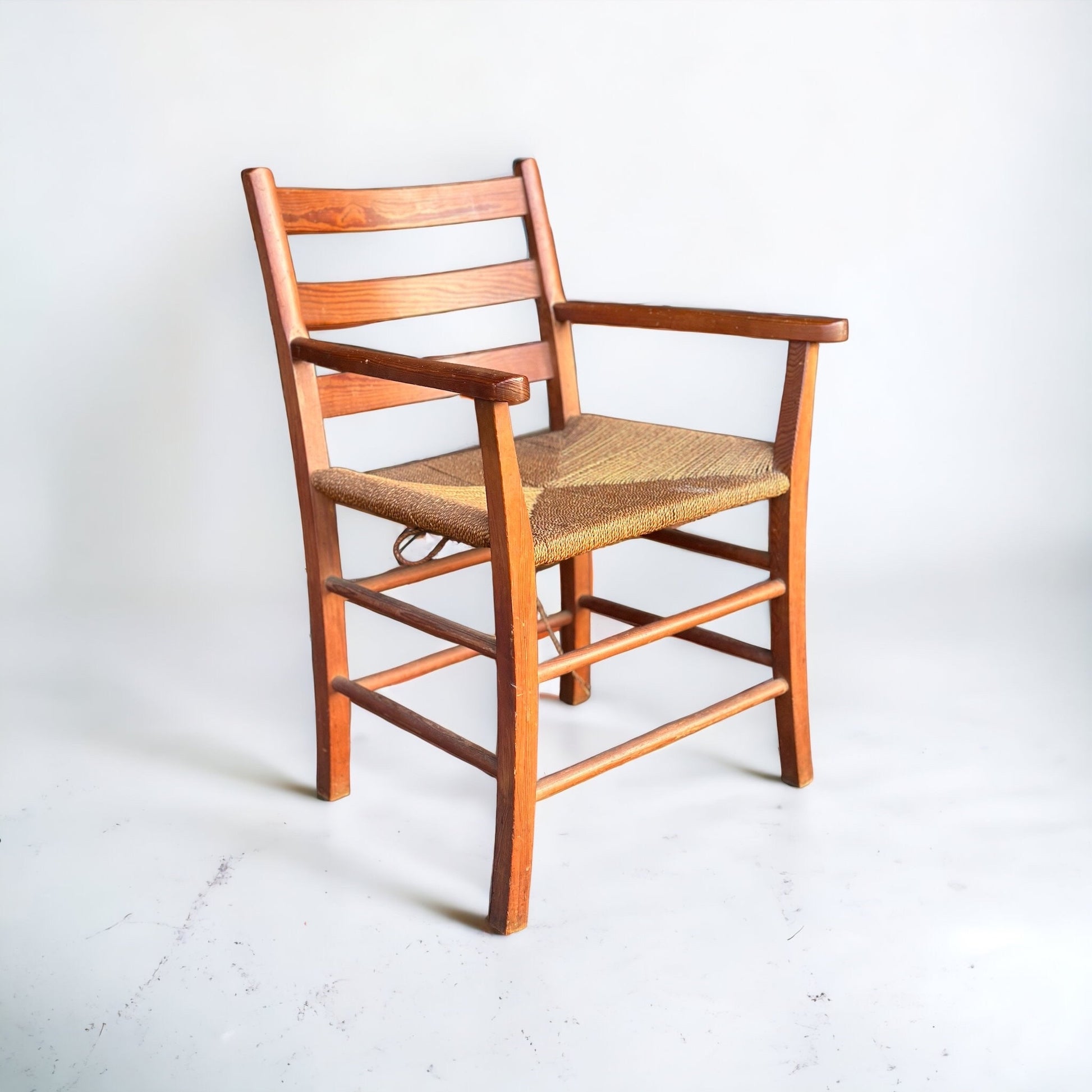Vintage 1960s Scandinavian Pine and Paper Cord Fireside Carver Chair