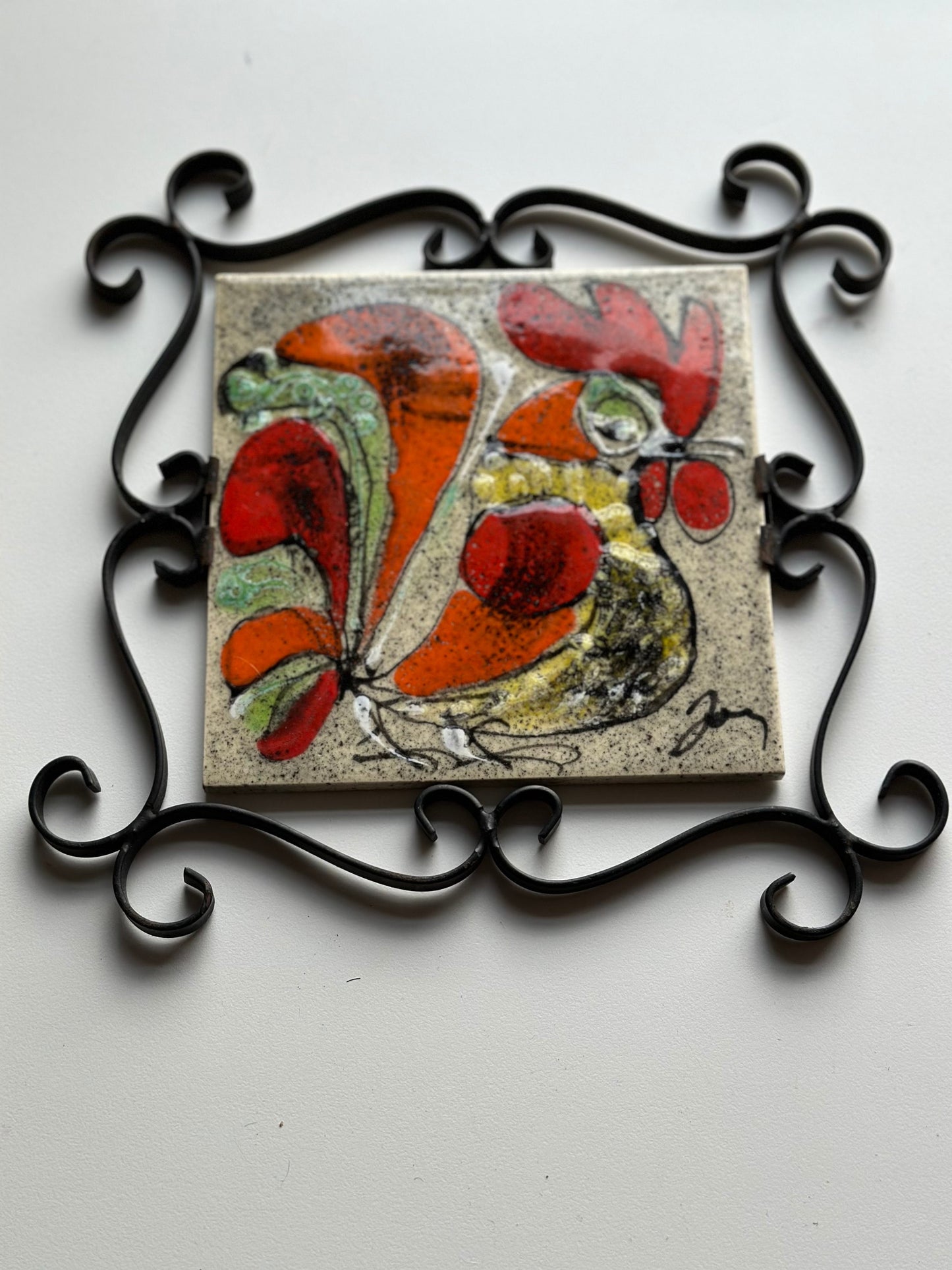 Delassus Fourmaintraux Desvres French earthenware tile Trivet 1960s 70s with Wrought Iron Frame