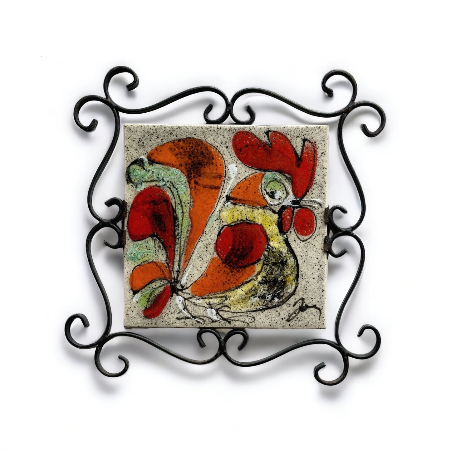 Delassus Fourmaintraux Desvres French earthenware tile Trivet 1960s 70s with Wrought Iron Frame