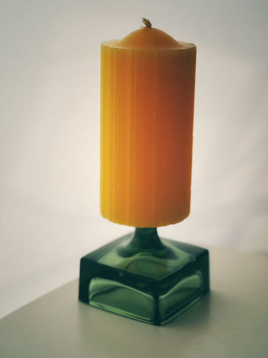 Dansk Design ‘Spike’ Candleholder, with Original Yellow Candle Designed by Jens Harald Quistgaard Green Glass Vintage