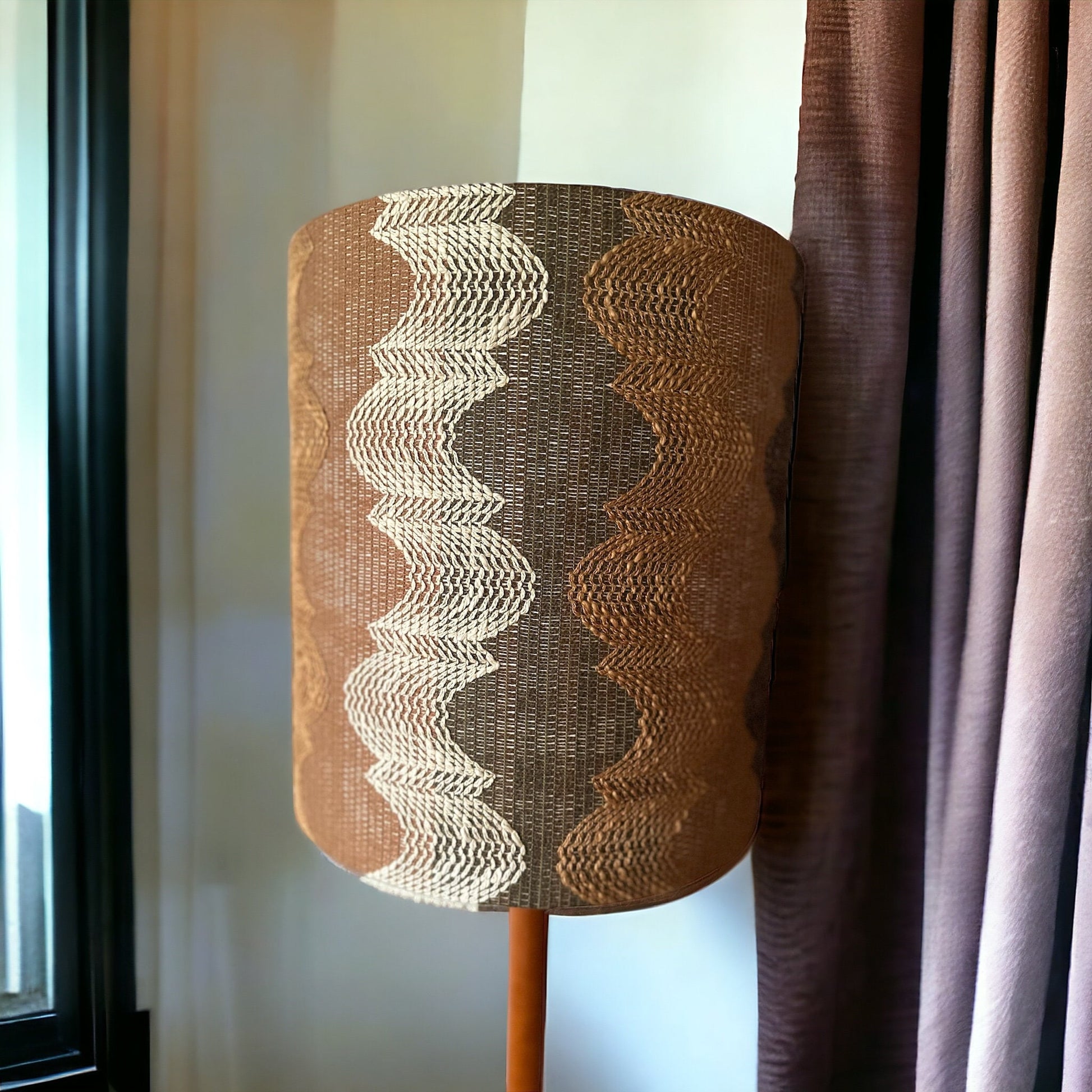 Midcentury Two Tone Beige Brown Hessian Macrame style Cylinder Shade