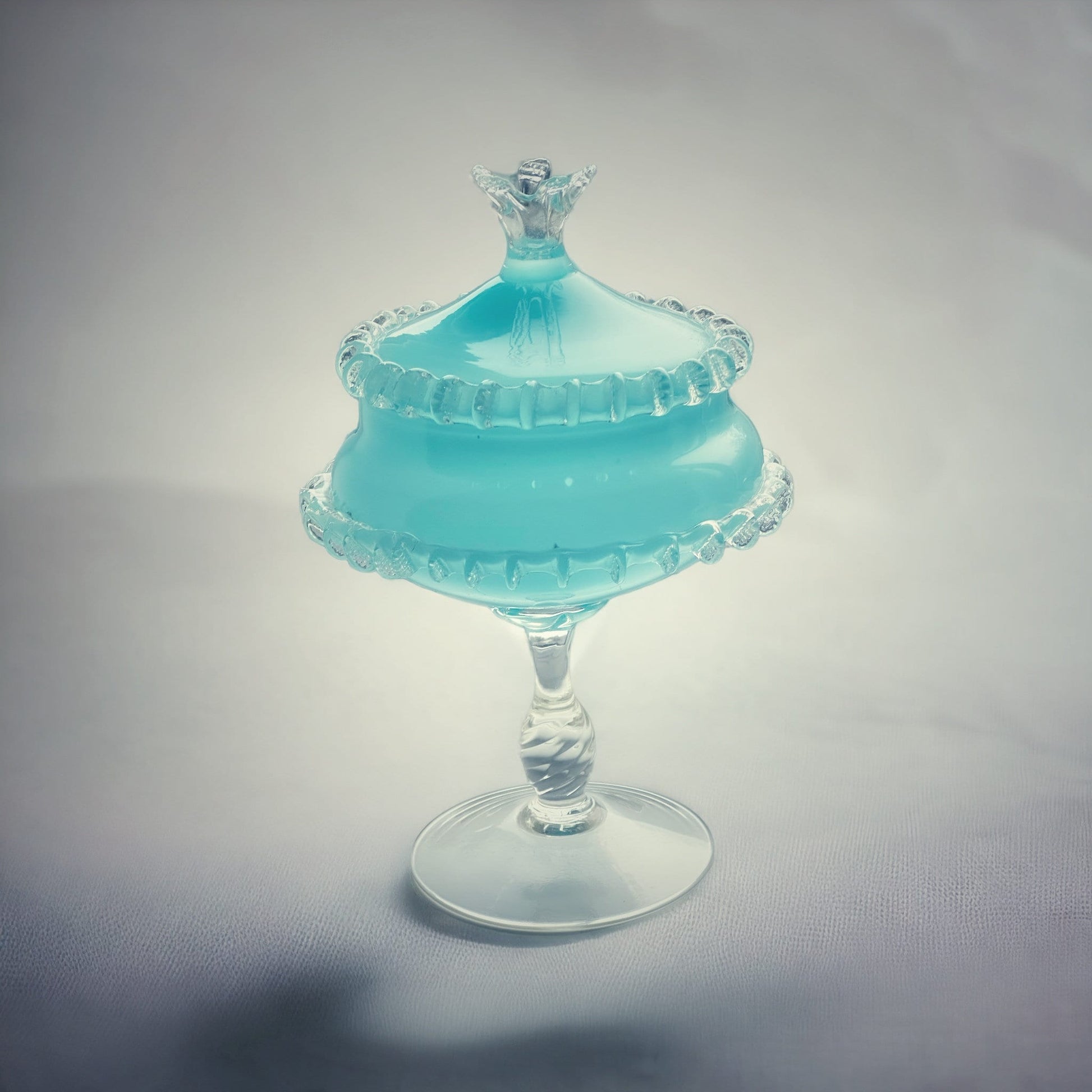 1960s Mid-Century Italian Sky Blue Cased Empoli Glass Pedestal Lidded Compote Candy Dish Midcentury