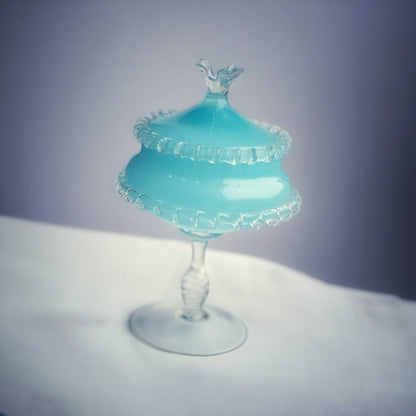 1960s Mid-Century Italian Sky Blue Cased Empoli Glass Pedestal Lidded Compote Candy Dish Midcentury