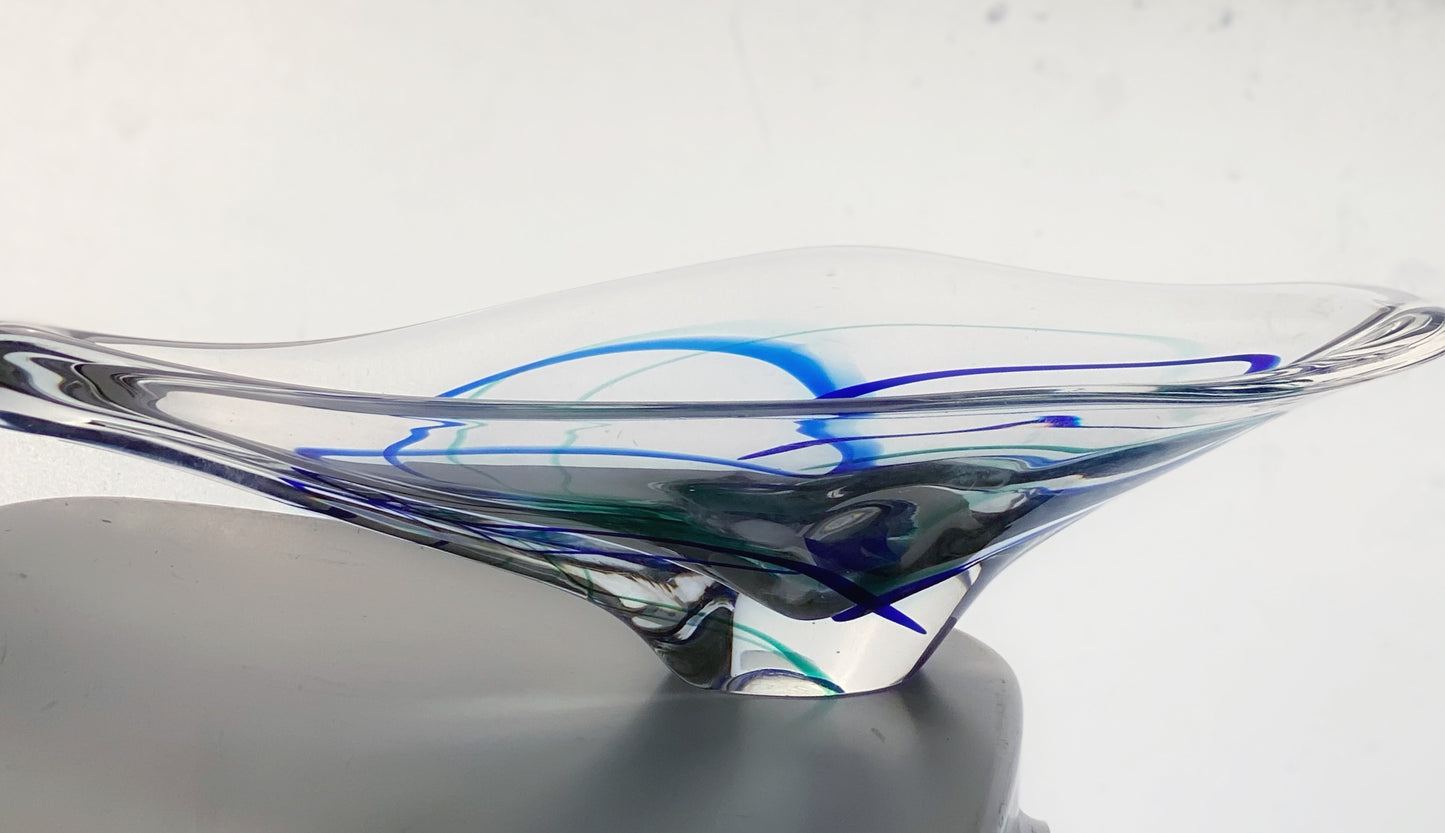 Vintage Glass Bowl by Max Verboeket for Maastricht Kristalunie, 1960s Blue Green, and Clear Glass