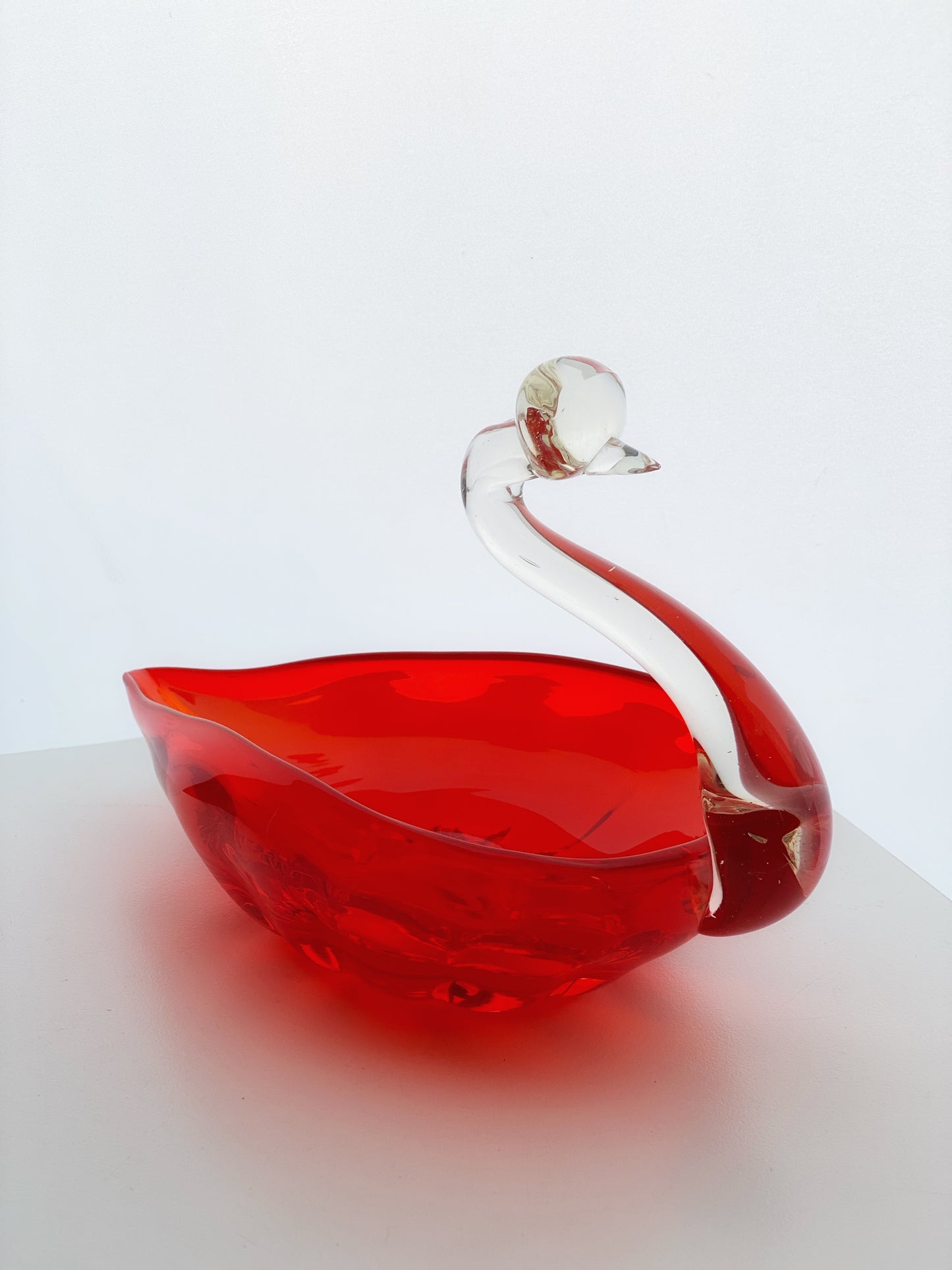 Vintage Japanese Glass Swan 1960s Red Dish / Ashtray