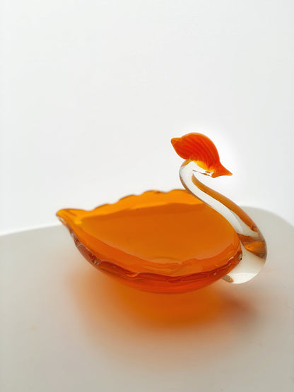 Vintage Japanese Glass Crested Bird 1960s Orange Dish / Ashtray