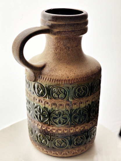Large Scheurich West-Germany Handled Ceramic Floor Vase Midcentury,  489-39, Foligno Tribal Pattern